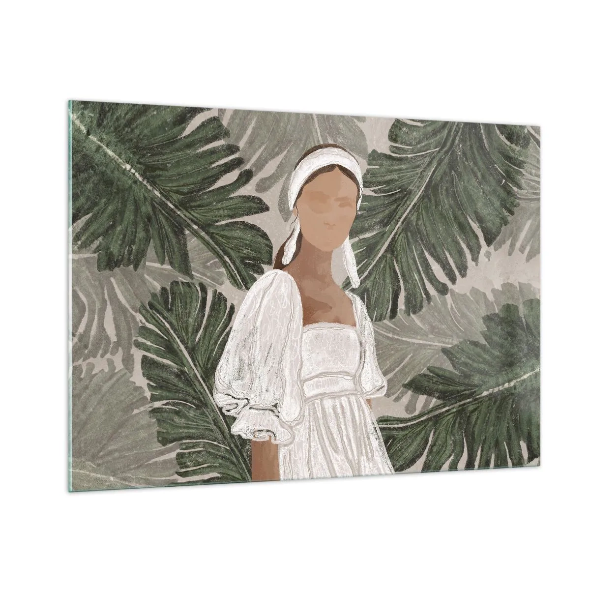 Impression sur verre - Image sur verre - Une femme en robe blanche sur fond de feuilles tropicales vertes. - 100x70cm - Portrait exotique - Décoration murale moderne pour le salon et la chambre ARTTOR