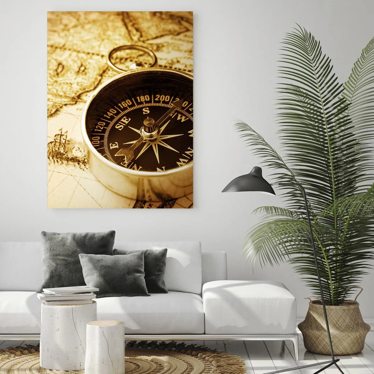 Impression sur verre - Image sur verre - Une boussole antique sur fond d'une vieille carte du monde - 70x100cm - Est ou ouest? - Décoration murale moderne pour le salon et la chambre ARTTOR
