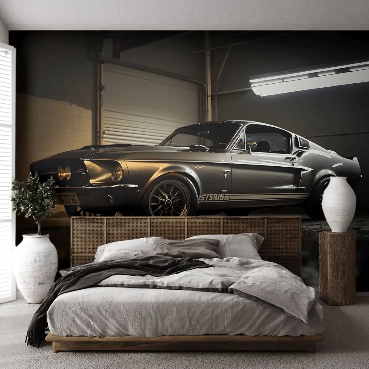 Papier Peint Photo Premium Sand - Muscle car emblématique dans un garage industriel la nuit - 100x70cm - Retour dans le passé - Décoration murale moderne pour le salon et la chambre ARTTOR
