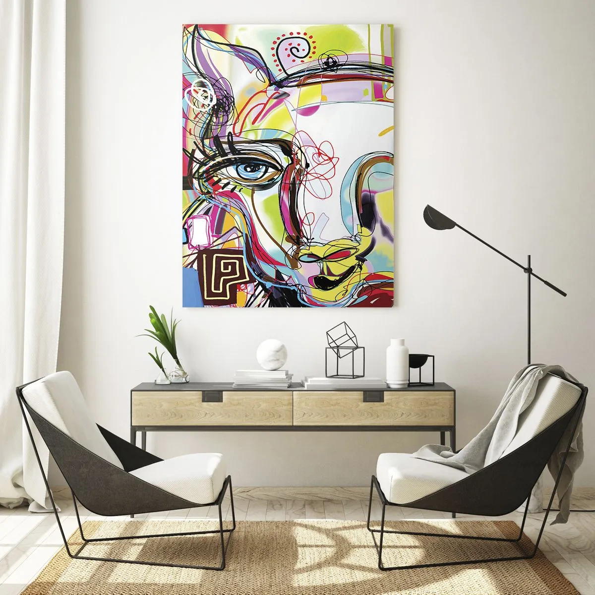 Impression sur verre - Image sur verre - Image abstraite du visage d'un chat dans une expression artistique colorée - 50x70cm - La richesse de l'Art du chat - Décoration murale moderne pour le salon et la chambre ARTTOR