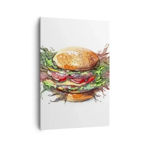 Impression sur toile - Image sur toile - Illustration artistique d'un burger avec des éléments dynamiques - 70x100cm - Tentation chaude - Décoration murale moderne pour le salon et la chambre ARTTOR