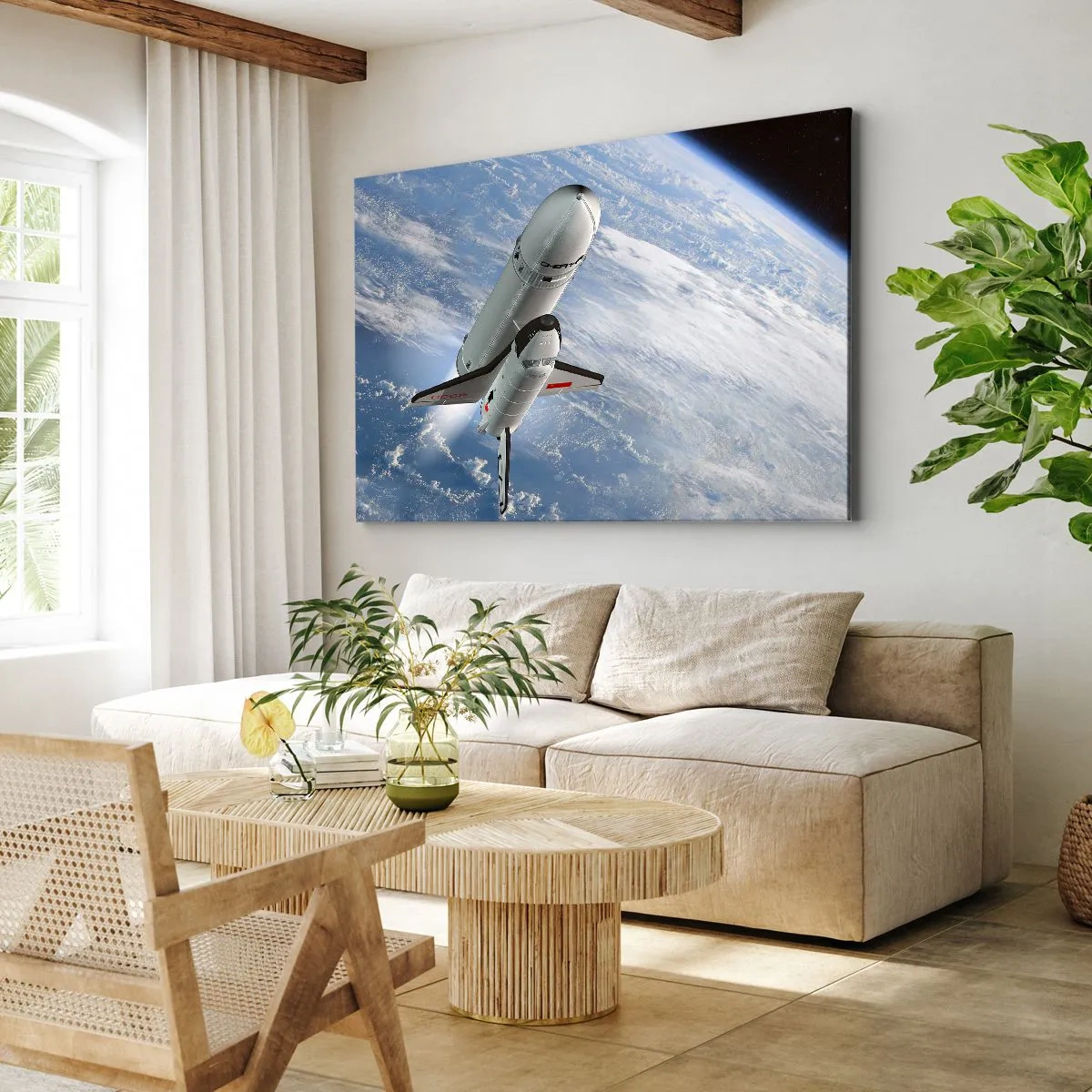 Impression sur toile - Image sur toile - Une fusée spatiale s'élevant devant la Terre en arrière-plan - 120x80cm - Ascension cosmique - Décoration murale moderne pour le salon et la chambre ARTTOR