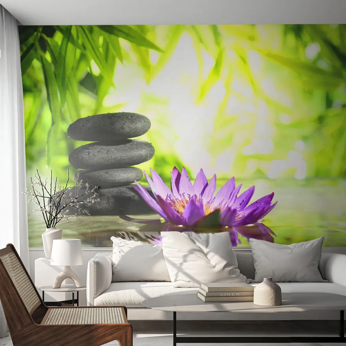 Papier Peint Photo Premium Sand - Piles de pierres avec lotus violet dans un décor tropical - 100x70cm - Dans un buisson de bambou - Décoration murale moderne pour le salon et la chambre ARTTOR