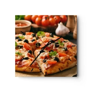 Horloge murale - Pendule murale - Pizza aux tomates, olives et herbes fraîches sur la table - 30x30cm - Tu t'en es encore tiré - Décoration murale moderne pour le salon et la chambre ARTTOR