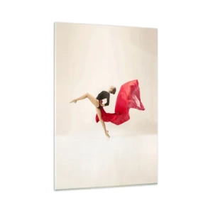 Impression sur verre - Image sur verre - Une danseuse dynamique en tenue noire et tissu rouge en mouvement. - 80x120cm - Rouge et noir - Décoration murale moderne pour le salon et la chambre ARTTOR