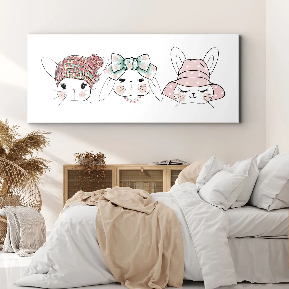 Impression sur toile - Image sur toile - Adorables lapins portant des coiffes pastel - 120x50cm - Pensif, triste, satisfait - Décoration murale moderne pour le salon et la chambre ARTTOR