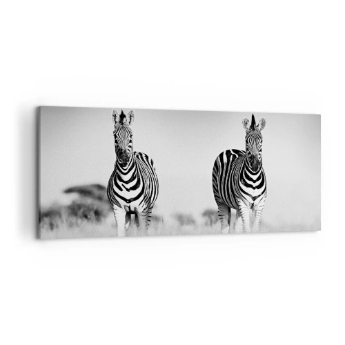 Impression sur toile - Image sur toile - Deux zèbres dans la savane dans un style monochrome - 120x50cm - Le monde est bel et bien noir et blanc - Décoration murale moderne pour le salon et la chambre ARTTOR