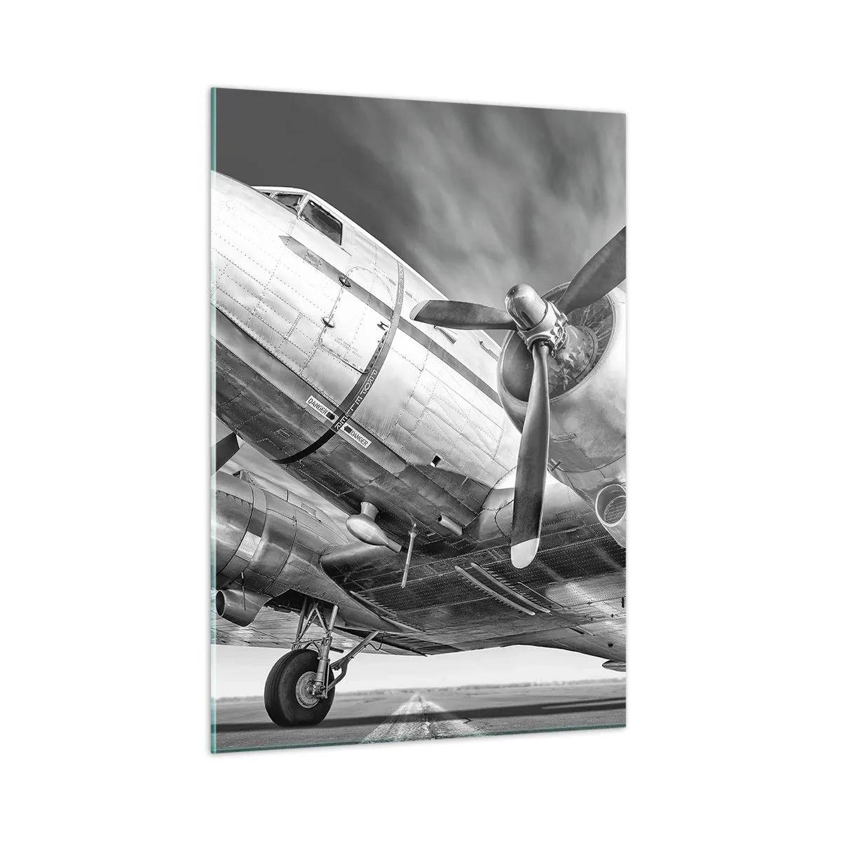 Impression sur verre - Image sur verre - Un avion à hélice noir et blanc sur la piste - 50x70cm - Toujours prêt à voler - Décoration murale moderne pour le salon et la chambre ARTTOR