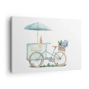 Impression sur toile - Image sur toile - Un vélo avec de la glace et des fleurs sous un parapluie aux couleurs pastel délicates - 70x50cm - Doux souvenir d'été - Décoration murale moderne pour le salon et la chambre ARTTOR