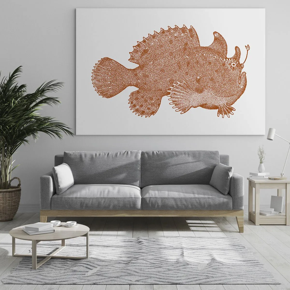 Impression sur verre - Image sur verre - Un dessin rouillé d'un poisson des profondeurs réalisé à l'aide de la technique du point - 100x70cm - Et pourtant un poisson - Décoration murale moderne pour le salon et la chambre ARTTOR