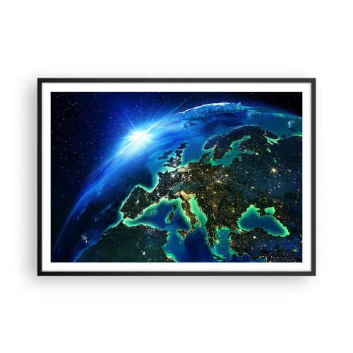 Affiche dans un cadre noir - Poster - Une vue d'Europe depuis l'espace à la lueur du soleil levant. - 100x70cm - Europe pétillante - Décoration murale moderne pour le salon et la chambre ARTTOR