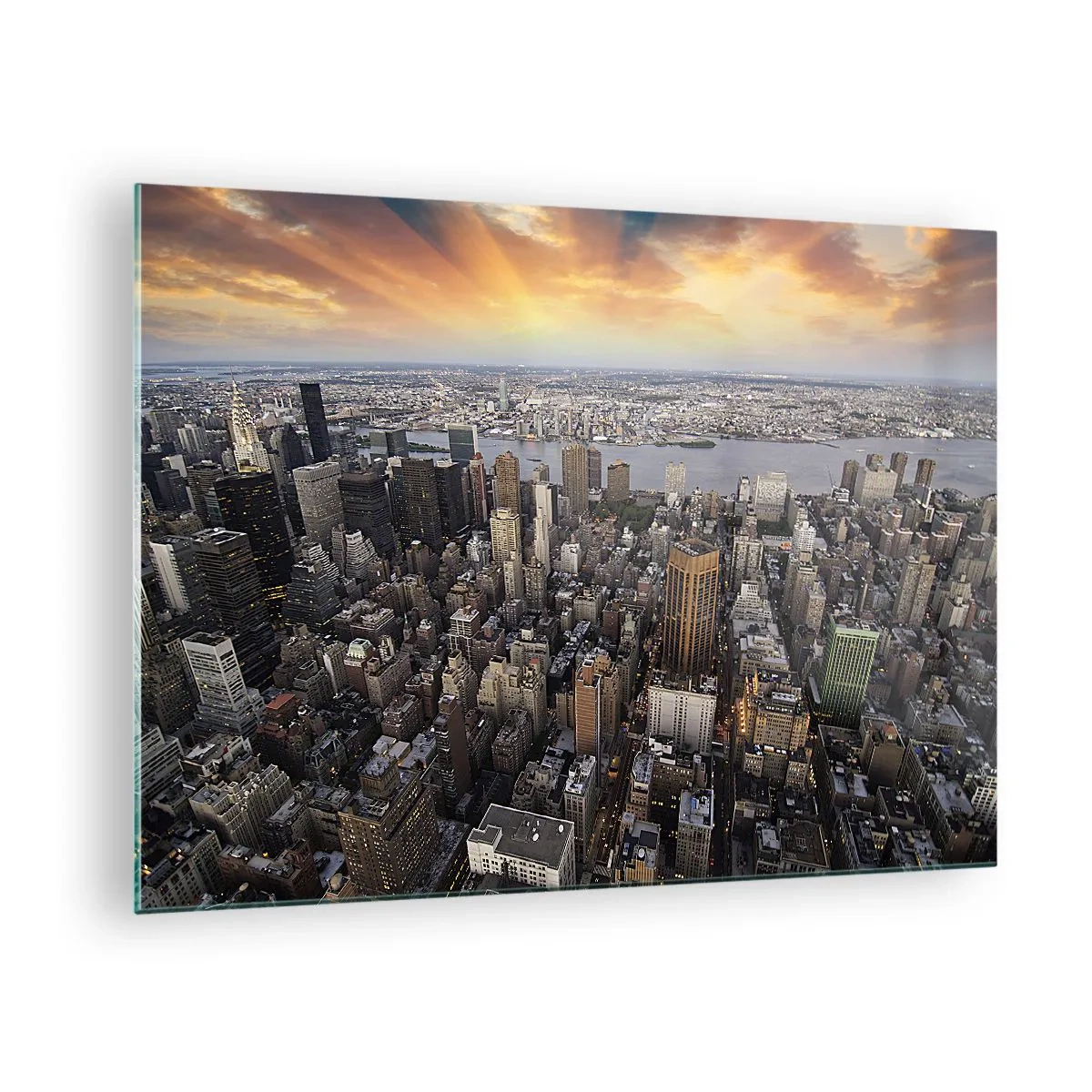 Impression sur verre - Image sur verre - Panorama de la ville avec vue sur les gratte-ciels au coucher du soleil - 70x50cm - Le cœur battant de notre époque - Décoration murale moderne pour le salon et la chambre ARTTOR