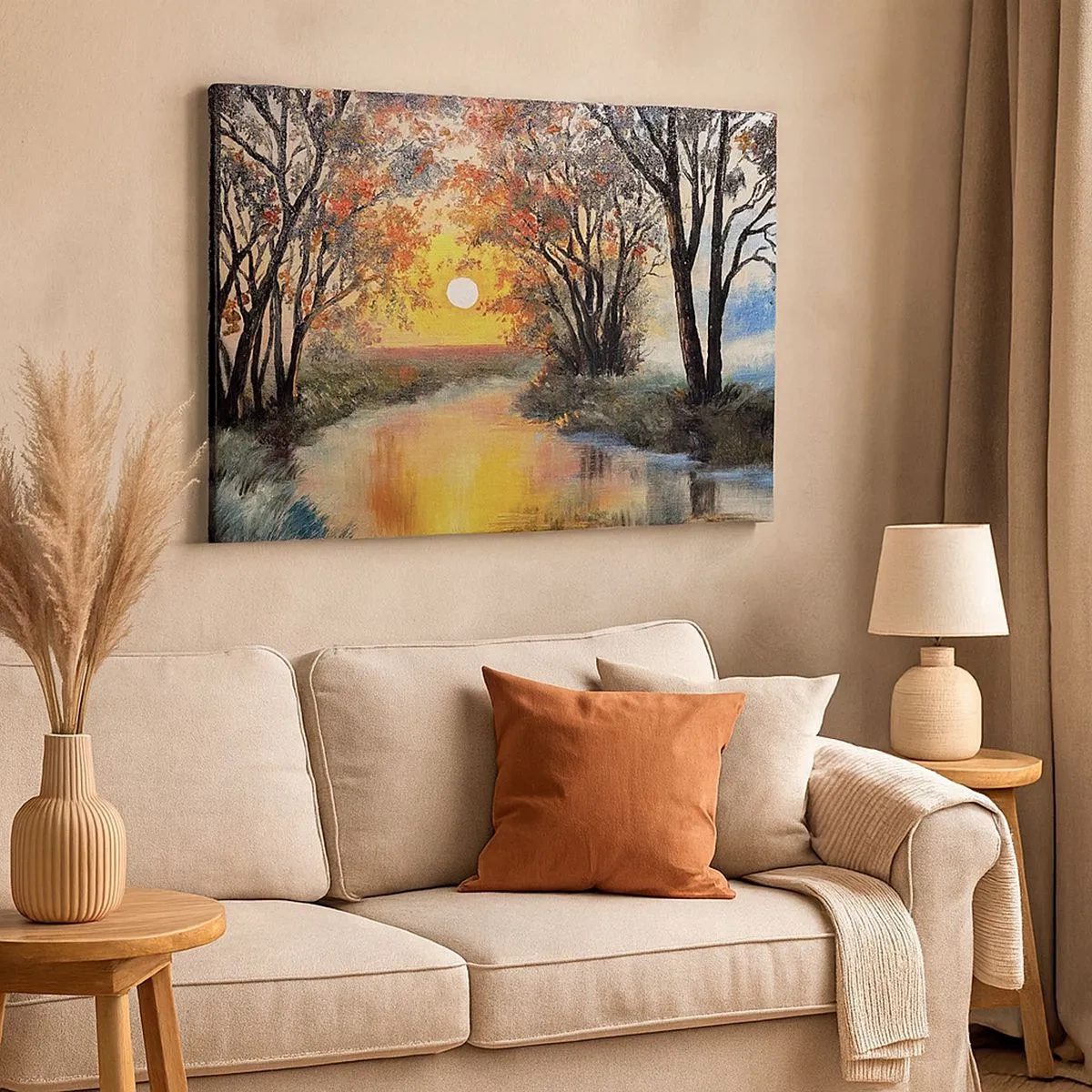 Impression sur toile - Image sur toile - Coucher de soleil sur la rivière dans un paysage d'automne - 70x50cm - Climats de printemps - Décoration murale moderne pour le salon et la chambre ARTTOR