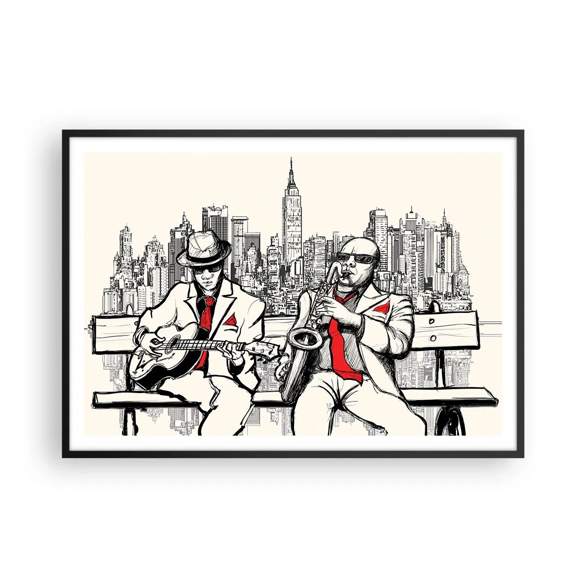 Affiche dans un cadre noir - Poster - Un duo de jazz avec saxophone et guitare sur fond de ville - 100x70cm - improvisation new-yorkaise - Décoration murale moderne pour le salon et la chambre ARTTOR