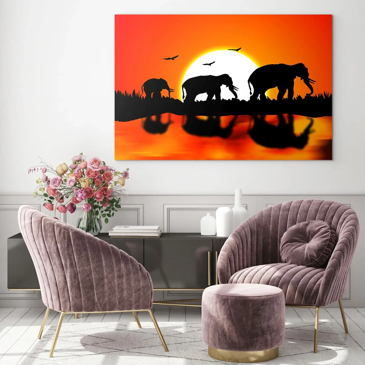 Impression sur verre - Image sur verre - Silhouettes d'éléphants contre le soleil couchant - 100x70cm - Et le soir pour un petit verre - Décoration murale moderne pour le salon et la chambre ARTTOR