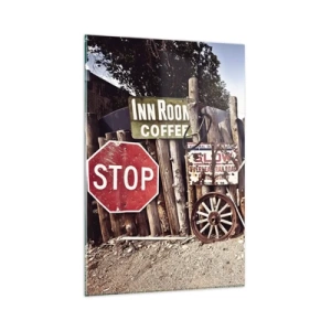 Impression sur verre - Image sur verre - Décorations rustiques avec des panneaux et une roue sur la clôture - 80x120cm - Et le temps s'est arrêté - Décoration murale moderne pour le salon et la chambre ARTTOR