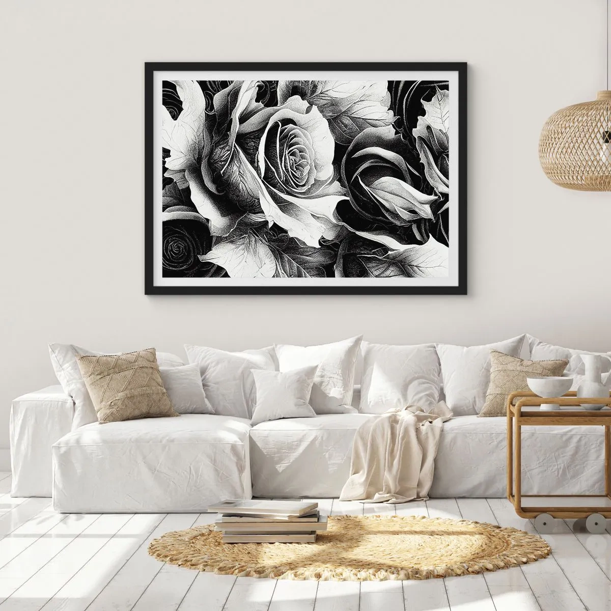 Affiche dans un cadre noir - Poster - Roses noires et blanches dans une composition élégante - 70x50cm - Toujours une reine - Décoration murale moderne pour le salon et la chambre ARTTOR