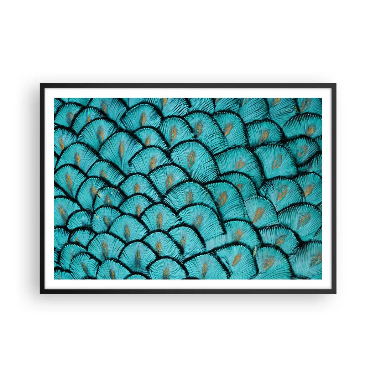 Affiche dans un cadre noir - Poster - Un motif ressemblant à des écailles turquoise avec des accents dorés - 100x70cm - Le grand gala des plumes - Décoration murale moderne pour le salon et la chambre ARTTOR