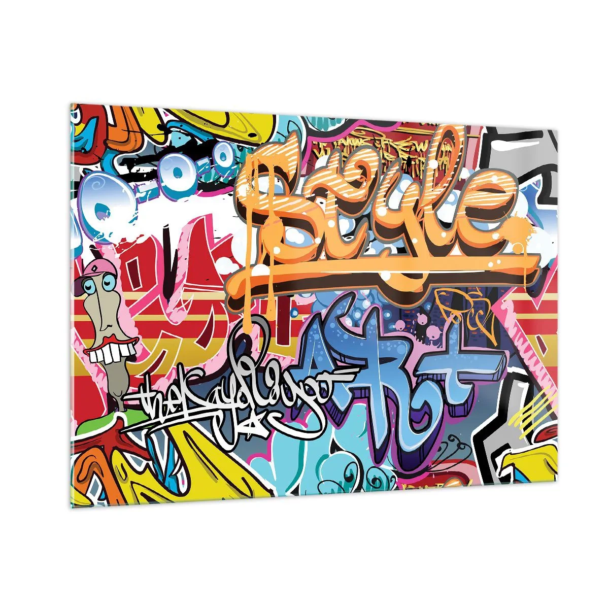 Impression sur verre - Image sur verre - Graffitis colorés avec inscriptions et dessins dynamiques - 100x70cm - Fresques, fresques, fresques… - Décoration murale moderne pour le salon et la chambre ARTTOR