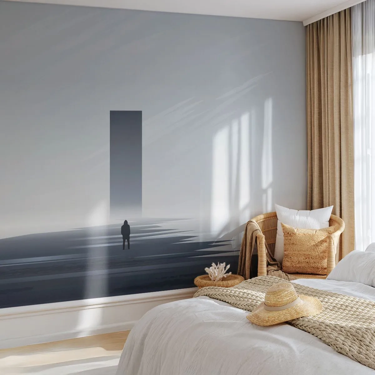 Papier Peint Photo Premium Sand - Un paysage minimaliste avec une figure devant un monolithe - 100x70cm - Opportunité ou menace ? - Décoration murale moderne pour le salon et la chambre ARTTOR