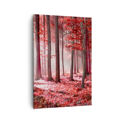 Impression sur toile - Image sur toile - Une forêt époustouflante aux teintes rouges avec des rayons de lumière pénétrant à travers les arbres - 70x100cm - Le rouge est tout aussi beau - Décoration murale moderne pour le salon et la chambre ARTTOR