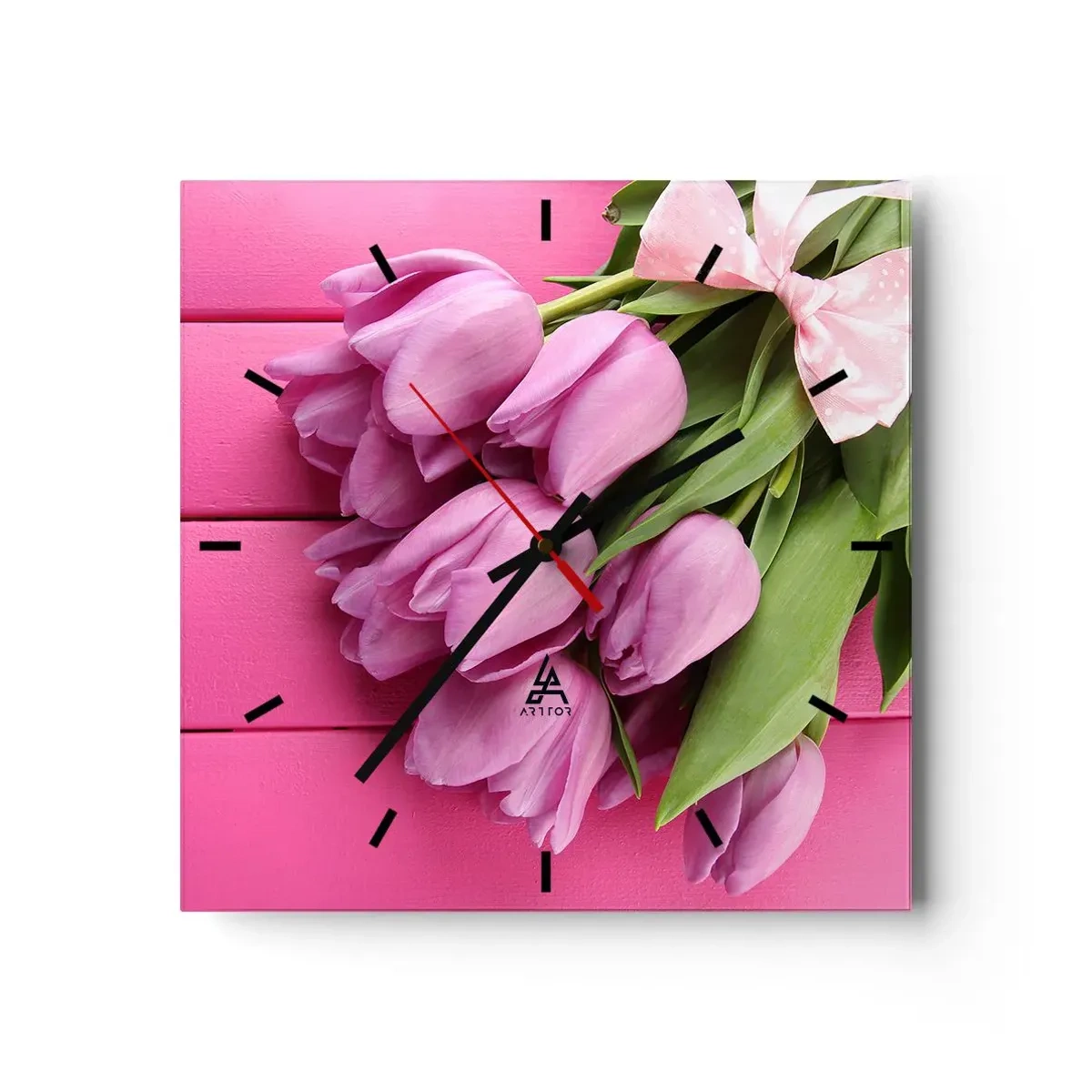 Horloge murale - Pendule murale - Un bouquet de tulipes roses avec un nœud sur un fond rose - 30x30cm - Juste pour toi - Décoration murale moderne pour le salon et la chambre ARTTOR