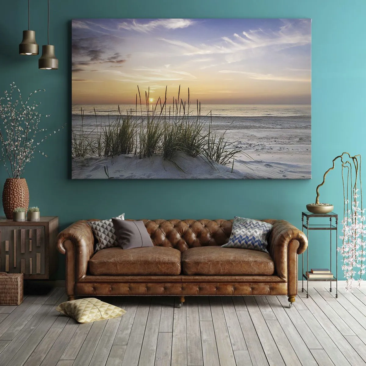 Impression sur toile - Image sur toile - Une plage de sable au coucher du soleil avec de l'herbe en arrière-plan - 100x70cm - Regarde, pense, ressent - Décoration murale moderne pour le salon et la chambre ARTTOR