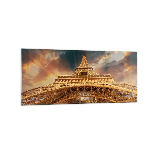 Impression sur verre - Image sur verre - La Tour Eiffel vue d'en bas sur fond de soleil couchant - 120x50cm - Comment l'humanité a atteint le ciel - Décoration murale moderne pour le salon et la chambre ARTTOR