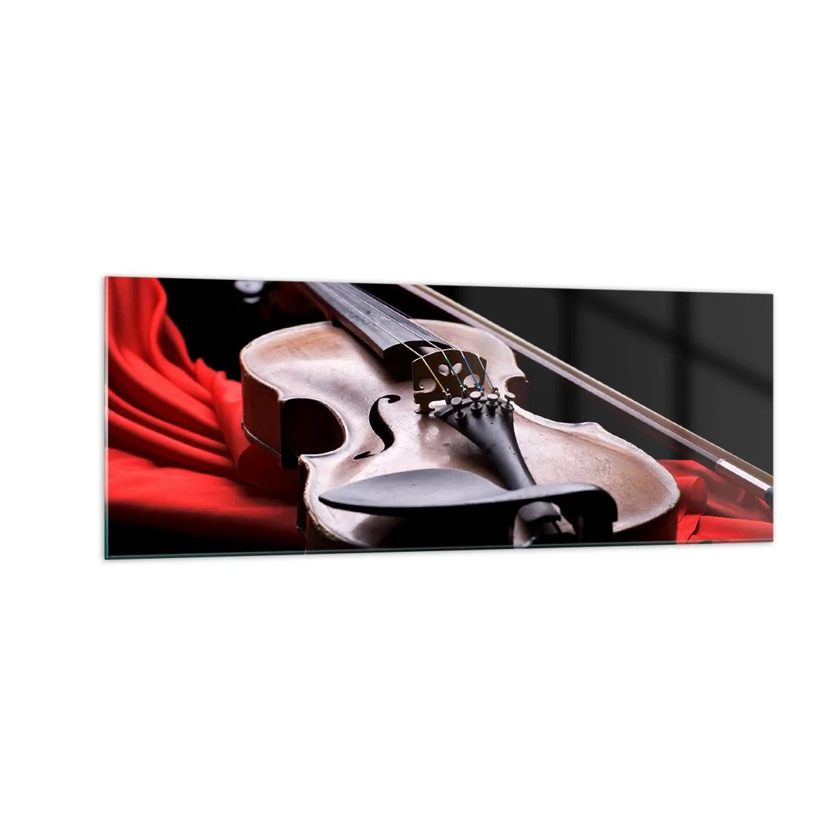Impression sur verre - Image sur verre - Violon sur tissu rouge avec fond noir - 140x50cm - Musique des sentiments - Décoration murale moderne pour le salon et la chambre ARTTOR