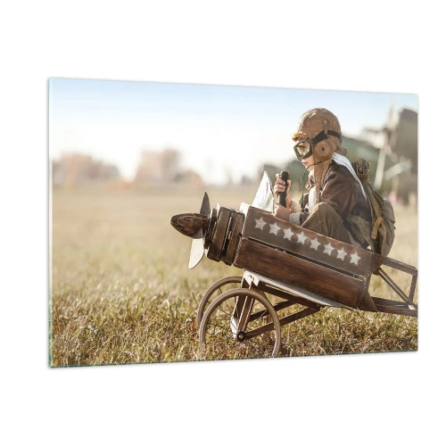 Impression sur verre - Image sur verre - Un enfant dans un avion en bois, faisant semblant d'être un pilote, portant des vêtements d'aviateur. - 120x80cm - Départ vers un rêve - Décoration murale moderne pour le salon et la chambre ARTTOR