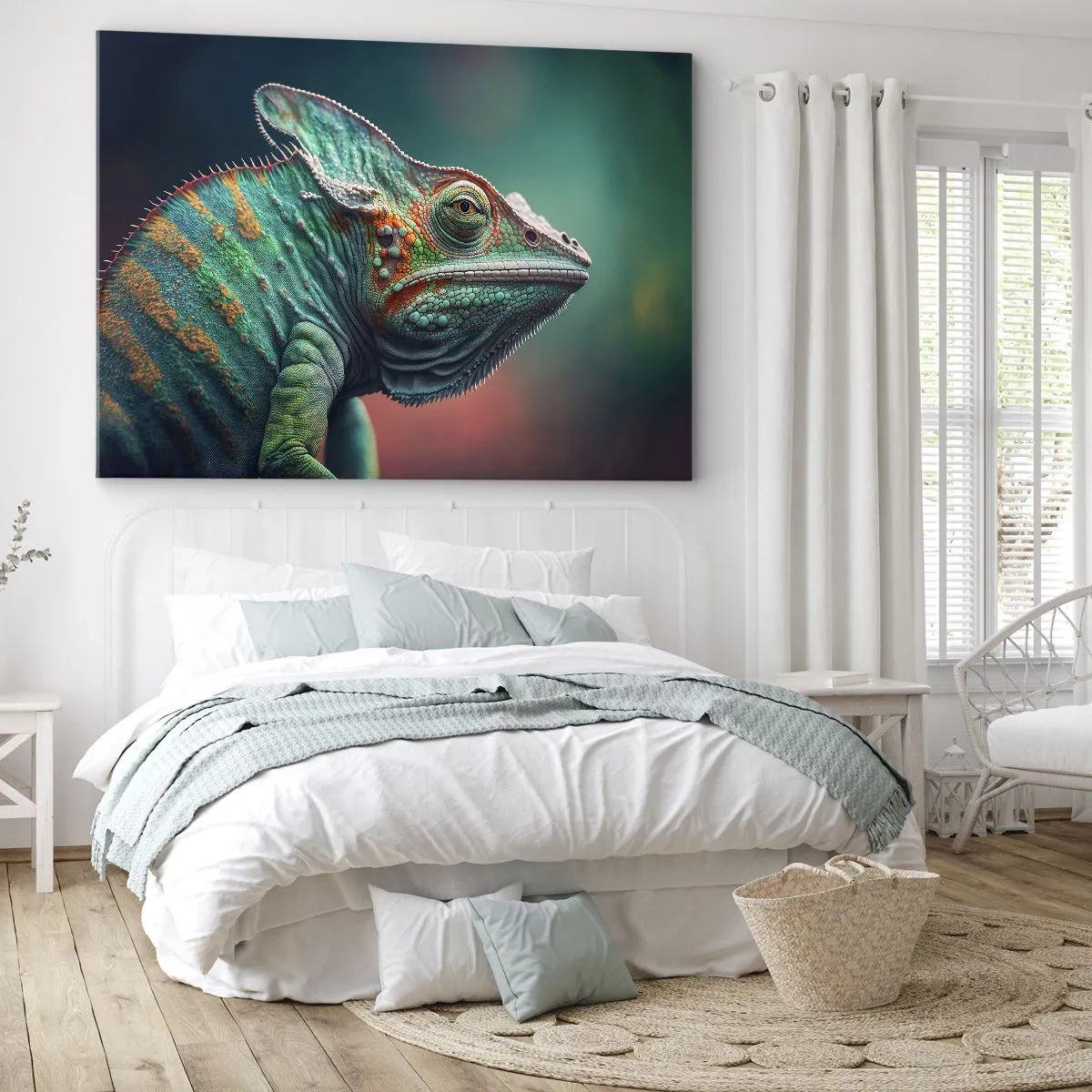 Impression sur toile - Image sur toile - Gros plan d'un caméléon aux couleurs intenses - 120x80cm - Vous me voyez? Pas bien… - Décoration murale moderne pour le salon et la chambre ARTTOR