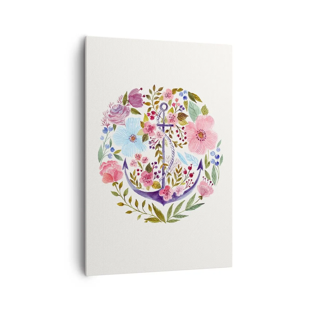 Impression sur toile - Image sur toile - Une ancre entourée de fleurs à l'aquarelle sur un fond clair - 70x100cm - Le beau rêve du marin - Décoration murale moderne pour le salon et la chambre ARTTOR