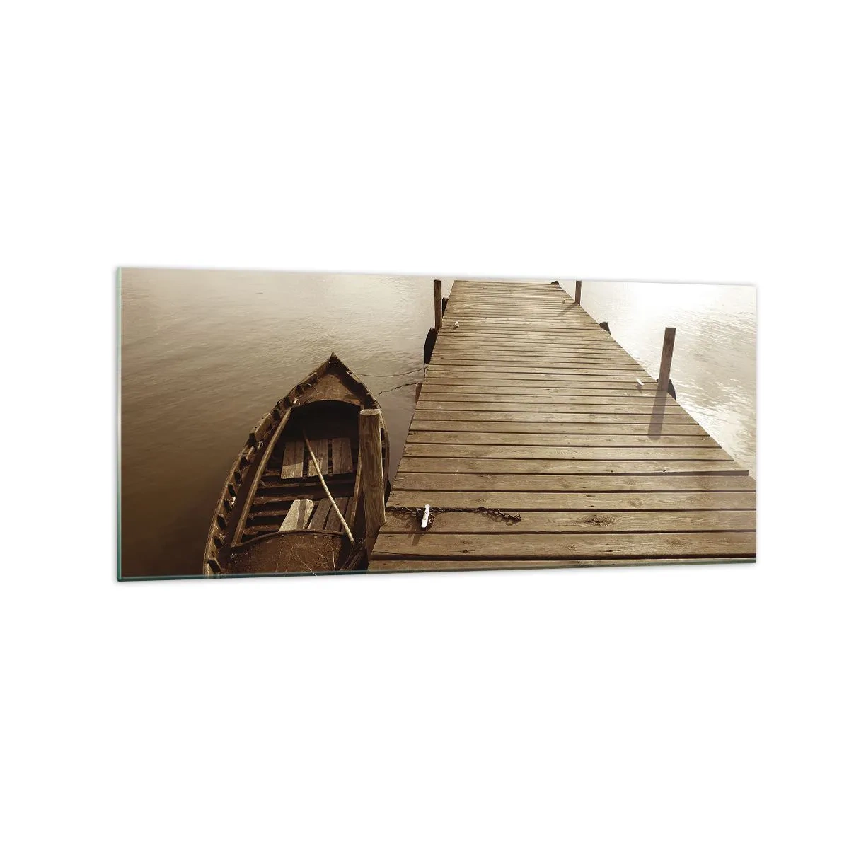 Impression sur verre - Image sur verre - Jetée en bois et bateau sur un lac calme - 120x50cm - Le grand silence - Décoration murale moderne pour le salon et la chambre ARTTOR
