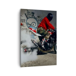 Impression sur toile - Image sur toile - Un motard effectue un drift spectaculaire dans un bâtiment abandonné couvert de graffitis. - 70x100cm - Pourchassez moi! - Décoration murale moderne pour le salon et la chambre ARTTOR