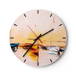 Horloge murale - Pendule murale - Voiliers dans un port pittoresque au coucher du soleil - 30x30cm - Soirée à la marina - Décoration murale moderne pour le salon, la cuisine et la chambre ARTTOR