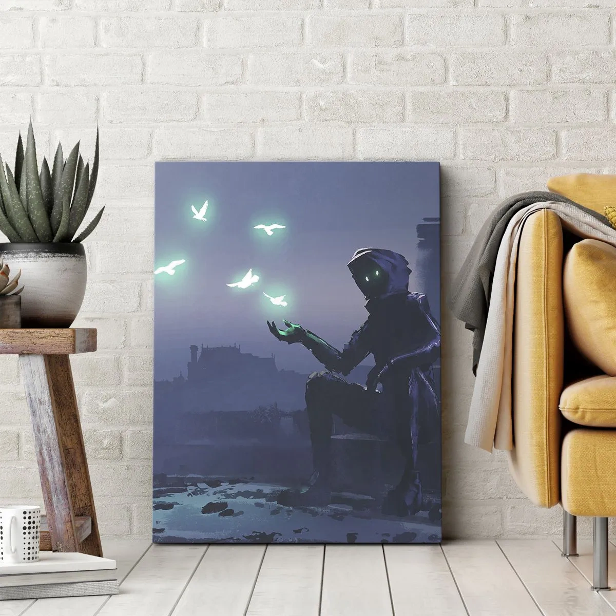 Impression sur toile - Image sur toile - Une silhouette encapuchonnée avec des oiseaux magiques en arrière-plan d'une ville - 80x120cm - La vie reviendra - Décoration murale moderne pour le salon et la chambre ARTTOR