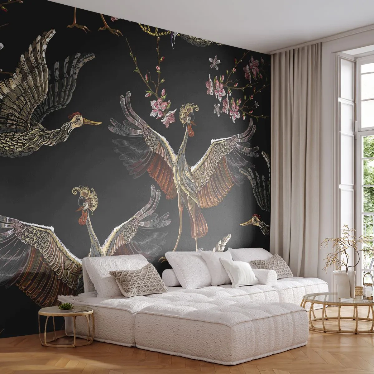 Papier Peint Photo Premium Sand - Motif oriental avec des grues et des fleurs sur fond noir - 100x70cm - Un oiseau de conte de fées - Décoration murale moderne pour le salon et la chambre ARTTOR