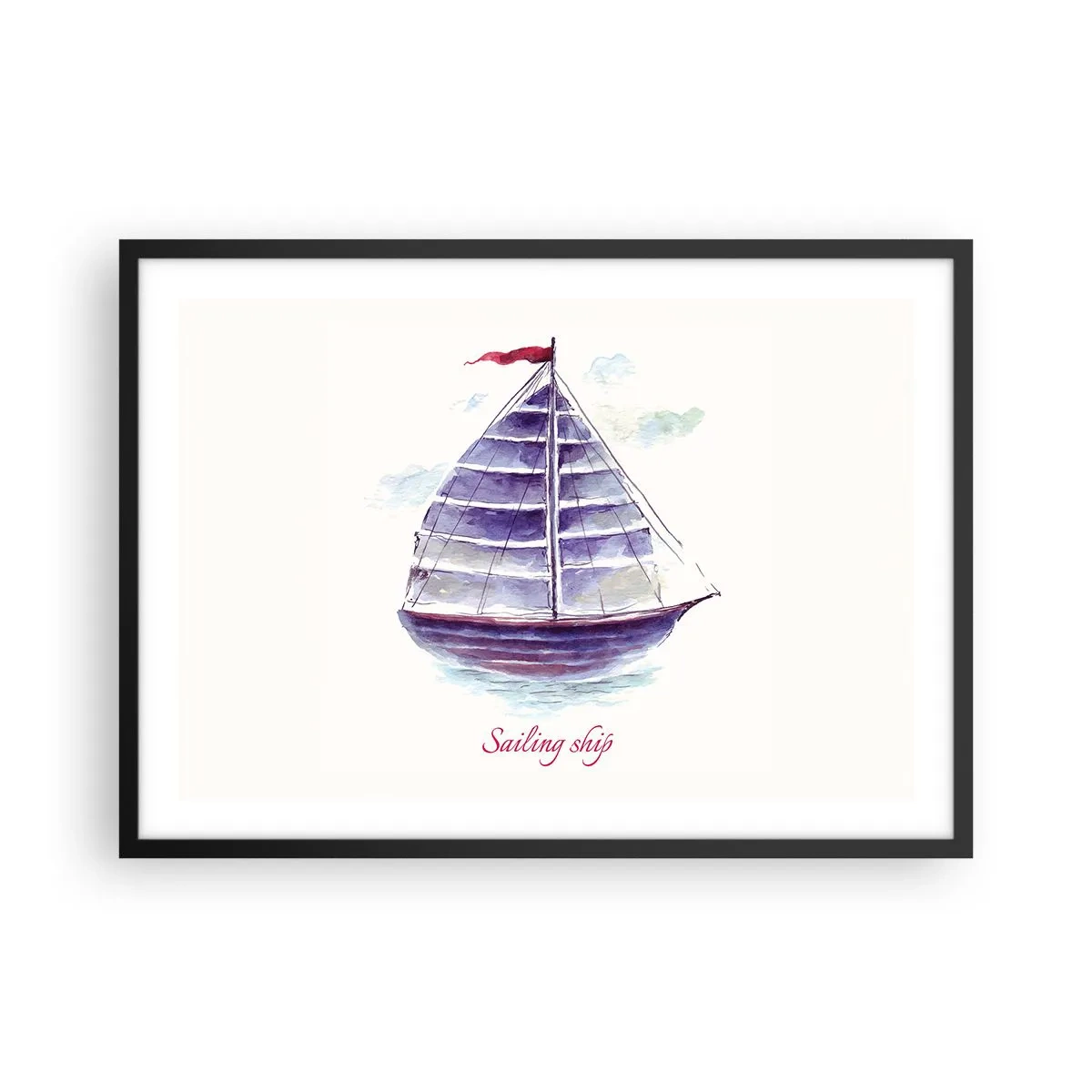 Affiche dans un cadre noir - Poster - Une aquarelle représentant un voilier sur l'eau avec une inscription délicate - 70x50cm - Plein de voiles et d’eau calme - Décoration murale moderne pour le salon et la chambre ARTTOR