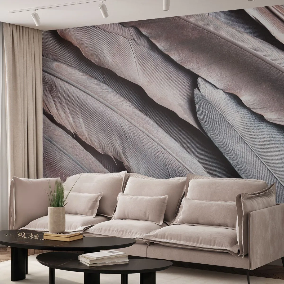 Papier Peint Photo Premium Sand - Plumes délicates dans des tons de rose et d'argent - 100x70cm - En argent rose - Décoration murale moderne pour le salon et la chambre ARTTOR
