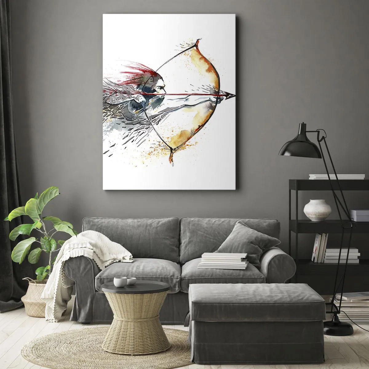 Impression sur toile - Image sur toile - Aquarelle dynamique d'un guerrier avec un arc et des flèches - 80x120cm - Guerrier mythique avec un arc de feu - Décoration murale moderne pour le salon et la chambre ARTTOR