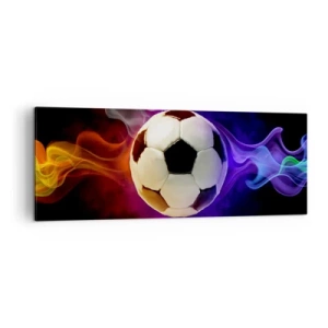 Impression sur toile - Image sur toile - Un ballon de football entouré d'effets de fumée colorés sur un fond sombre. - 140x50cm - Le pouvoir magique du jeu - Décoration murale moderne pour le salon et la chambre ARTTOR