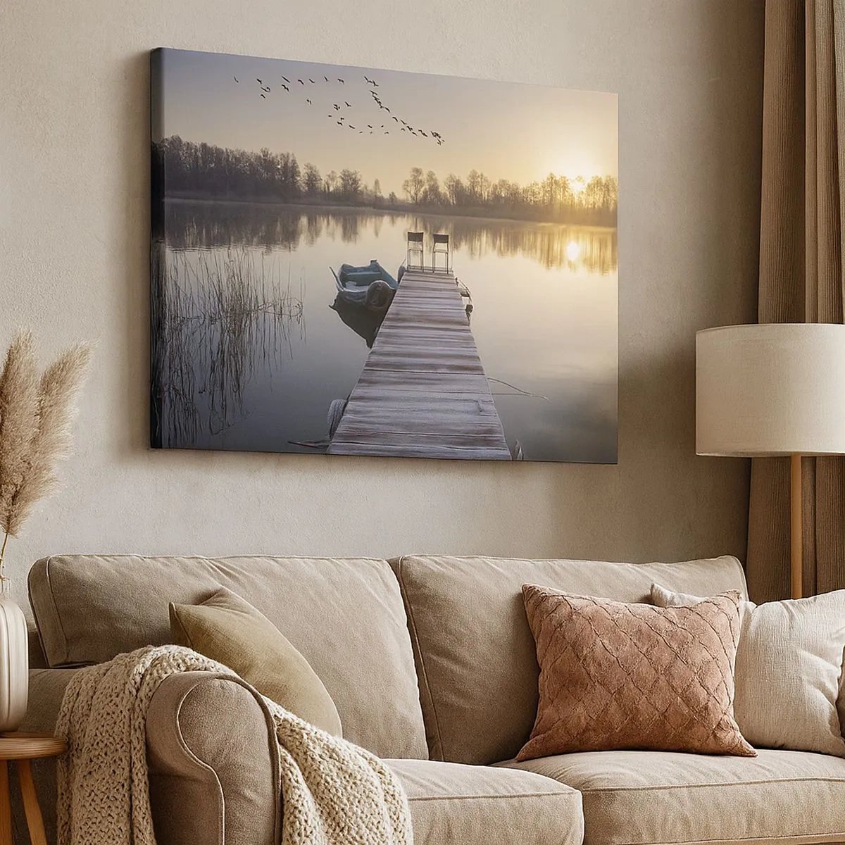 Impression sur toile - Image sur toile - Une jetée au bord du lac le matin avec un bateau et des chaises - 70x50cm - Je reviendrai - Décoration murale moderne pour le salon et la chambre ARTTOR