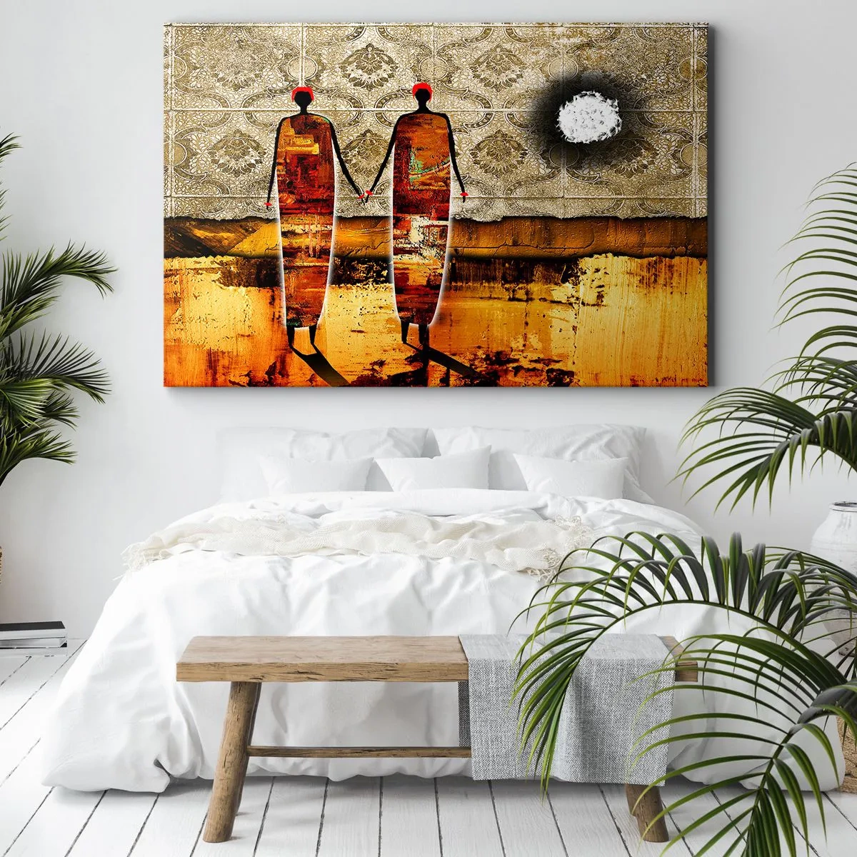 Impression sur toile - Image sur toile - Une paire de figures abstraites sur fond de motifs dorés et d'un paysage. - 70x50cm - Composition ethnique aux couleurs de l'Afrique - Décoration murale moderne pour le salon et la chambre ARTTOR