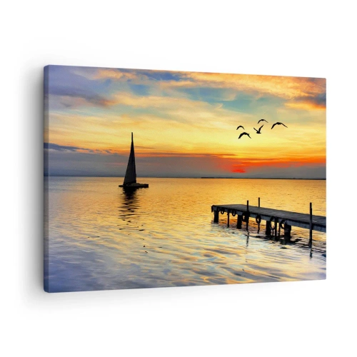 Impression sur toile - Image sur toile - Coucher de soleil avec un voilier et une jetée sur un lac calme - 70x50cm - Le soir revient - Décoration murale moderne pour le salon et la chambre ARTTOR