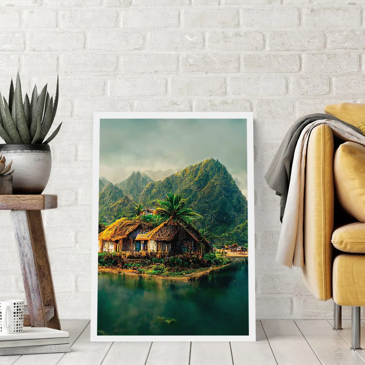 Affiche - Poster - Chalet tropical avec montagnes et lac en arrière-plan - 50x70cm - Paradis tropical - Décoration murale moderne pour le salon et la chambre ARTTOR