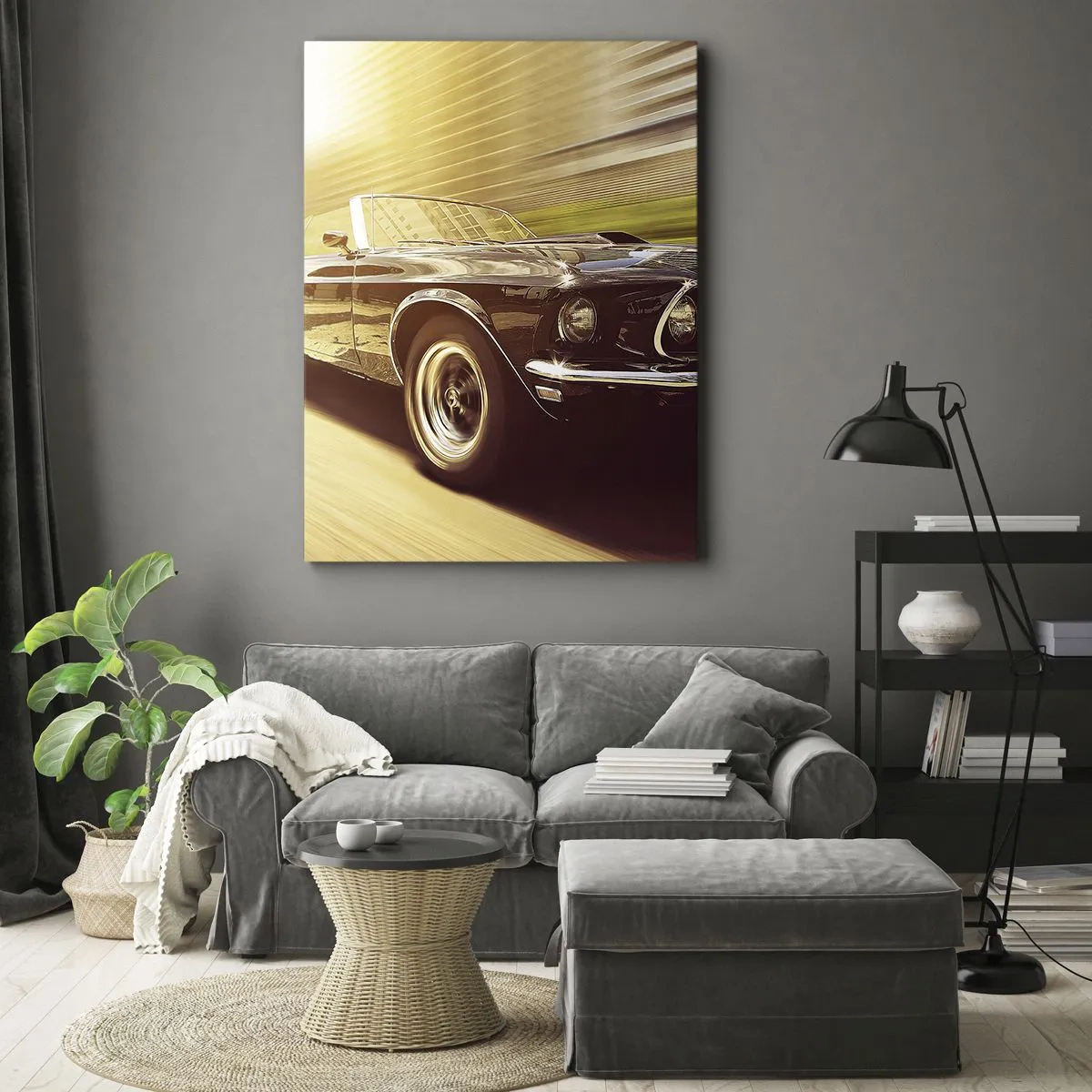 Impression sur toile - Image sur toile - Une voiture classique en mouvement dans un décor urbain - 80x120cm - 1967 - le retour de la légende - Décoration murale moderne pour le salon et la chambre ARTTOR