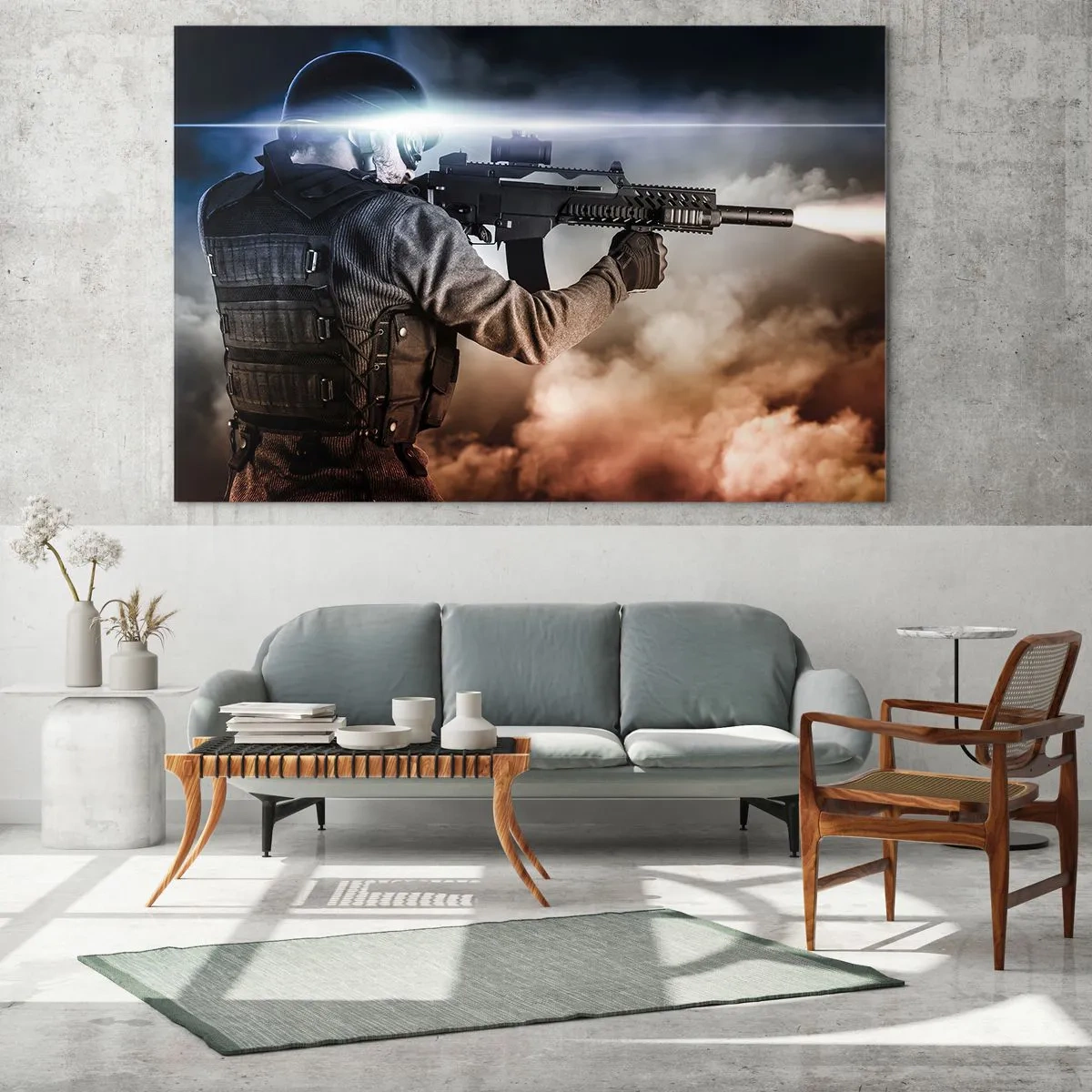 Impression sur verre - Image sur verre - Un soldat en action tirant avec un fusil sur fond de fumée. - 70x50cm - Tout simplement un héros - Décoration murale moderne pour le salon et la chambre ARTTOR