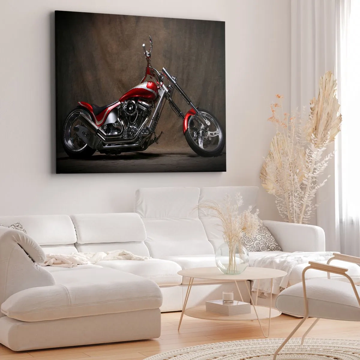 Impression sur toile - Image sur toile - Moto customisée rouge sur fond de tissu marron - 100x70cm - Beauté rouge-argent - Décoration murale moderne pour le salon et la chambre ARTTOR