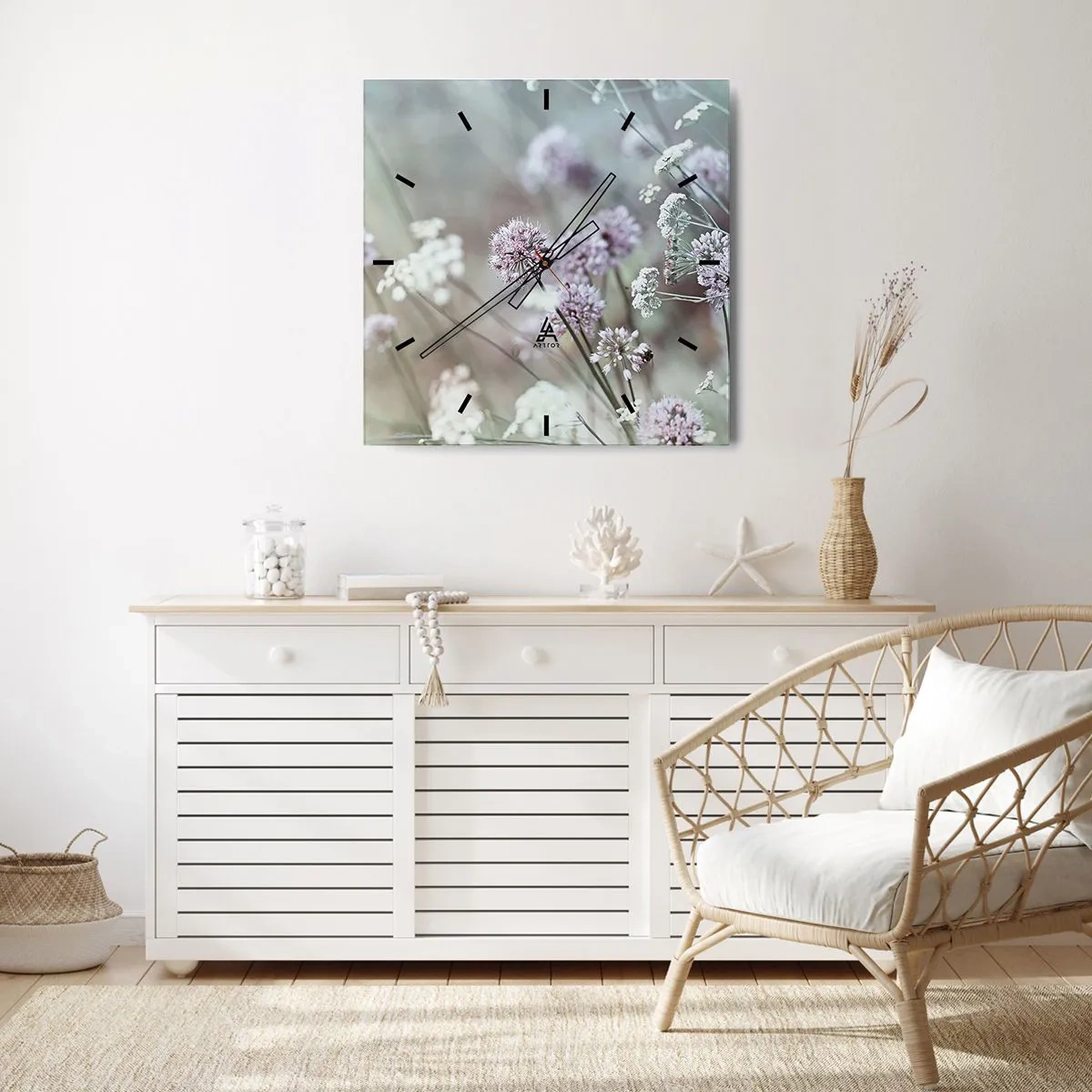 Horloge murale - Pendule murale - Fleurs délicates aux tons pastel - 30x30cm - Herbes douces en filigrane - Décoration murale moderne pour le salon et la chambre ARTTOR