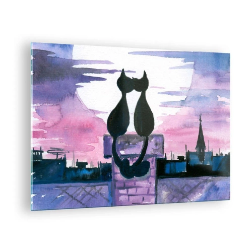Impression sur verre - Image sur verre - Silhouettes de deux chats contre le soleil couchant - 70x50cm - Rendez-vous sous la lune - Décoration murale moderne pour le salon et la chambre ARTTOR